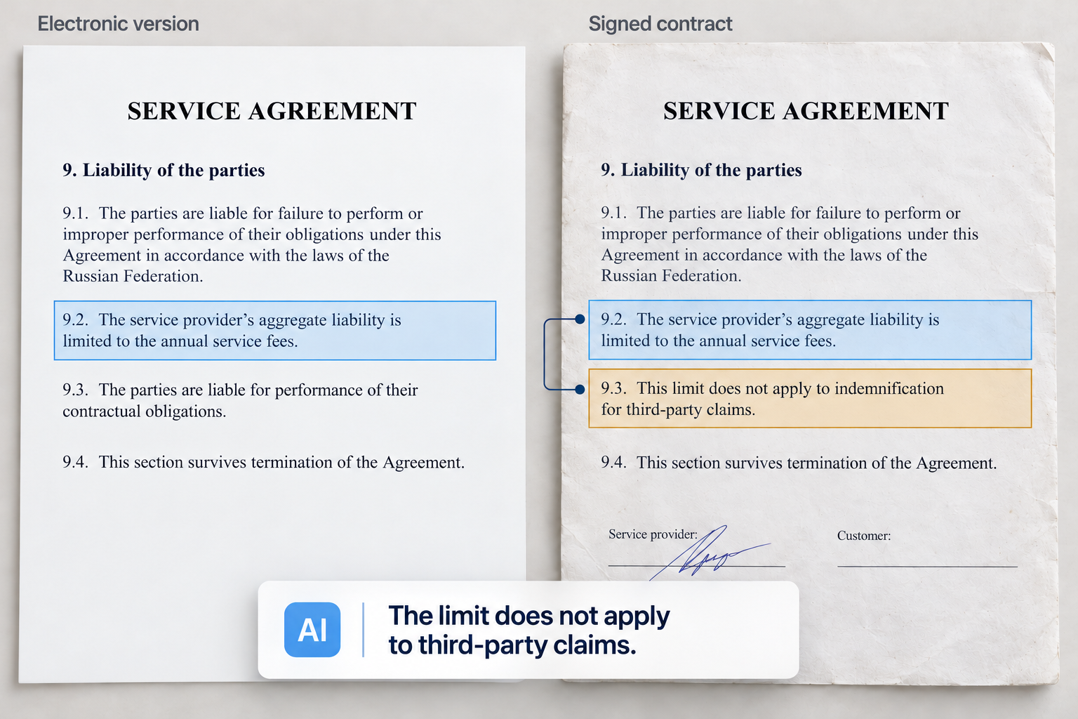 Sample contract: AI links a liability limit to an exception for third-party claims in the signed version