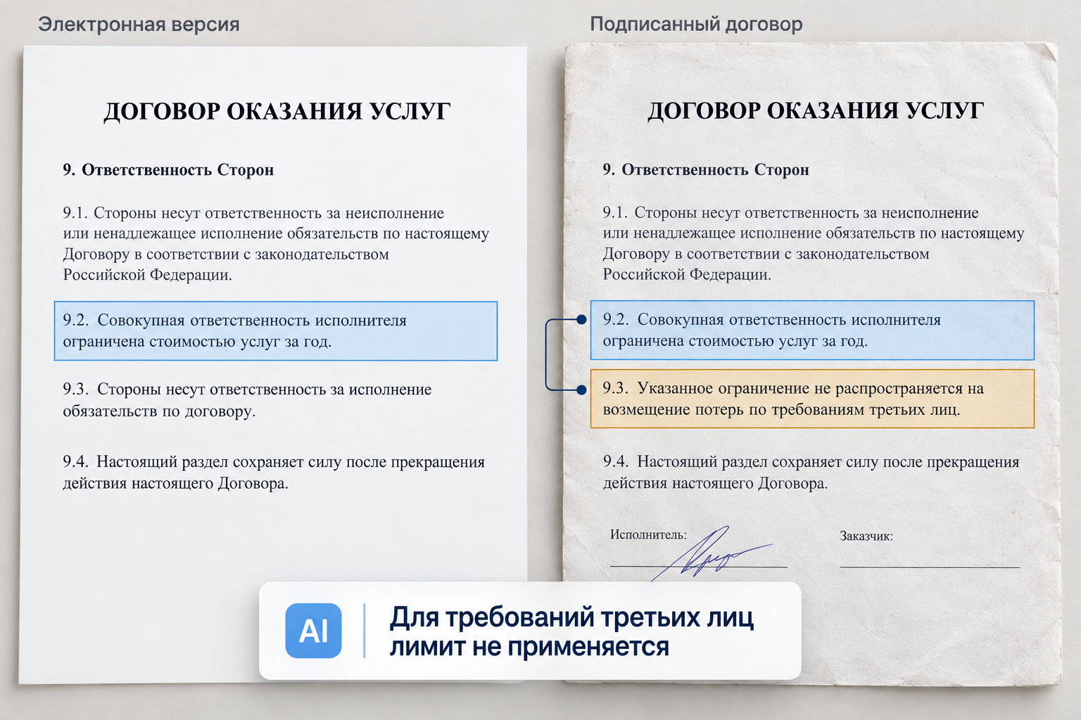 Учебный договор: ИИ связывает лимит ответственности с исключением для требований третьих лиц в подписанной версии